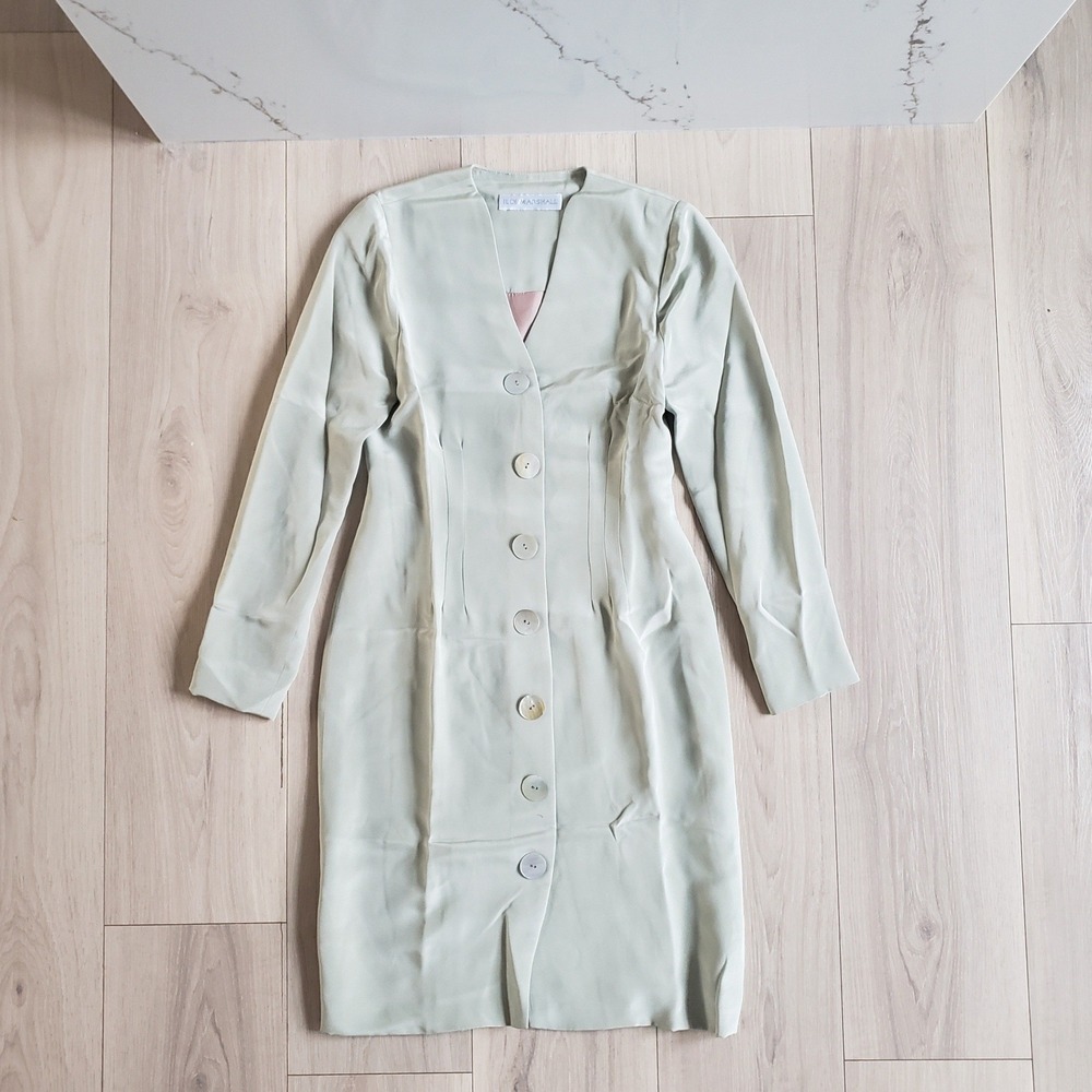 Vintage Ildi Marshall Dress Womens 2 Sage Green Button Front Silk Pleated Midi